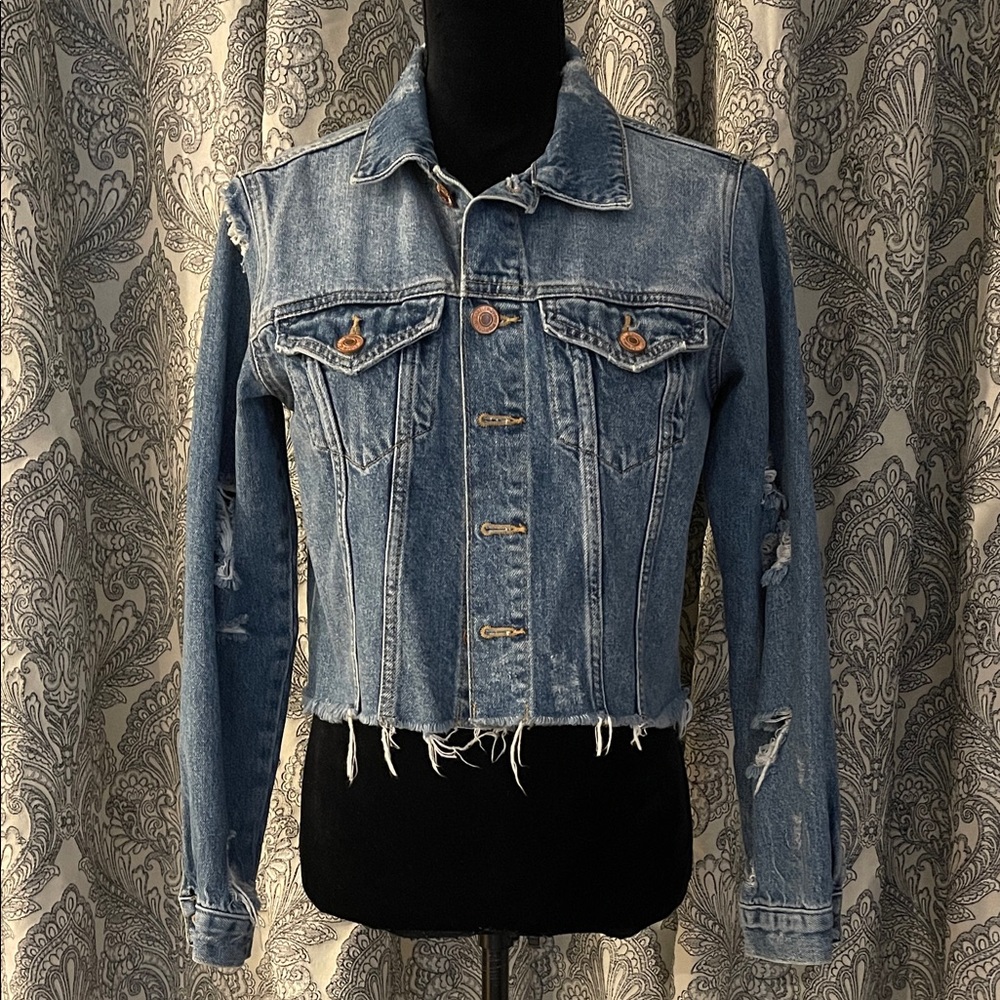 Cropped distressed denim jean jacket rose gold buttons